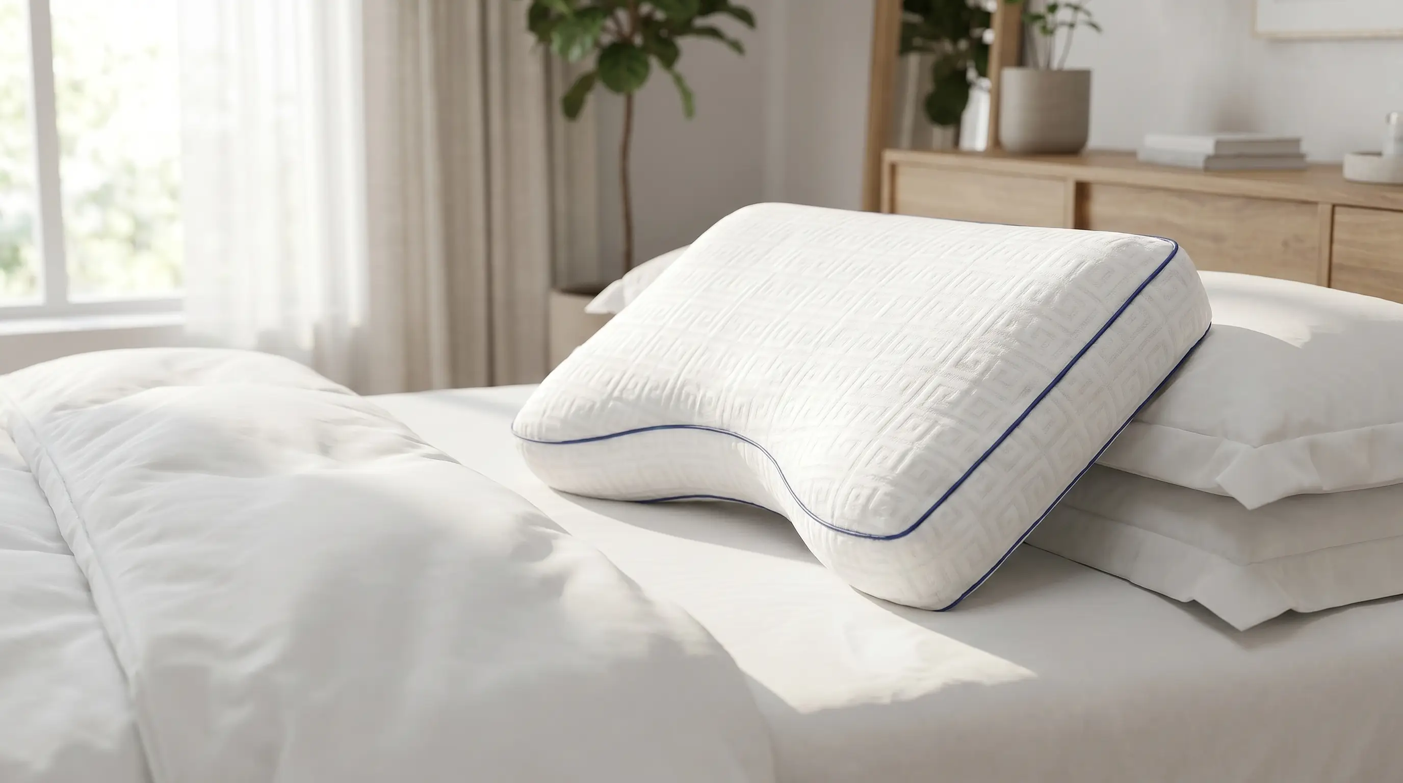 Coussin ergonomique Elafya sur un lit clair, chambre lumineuse