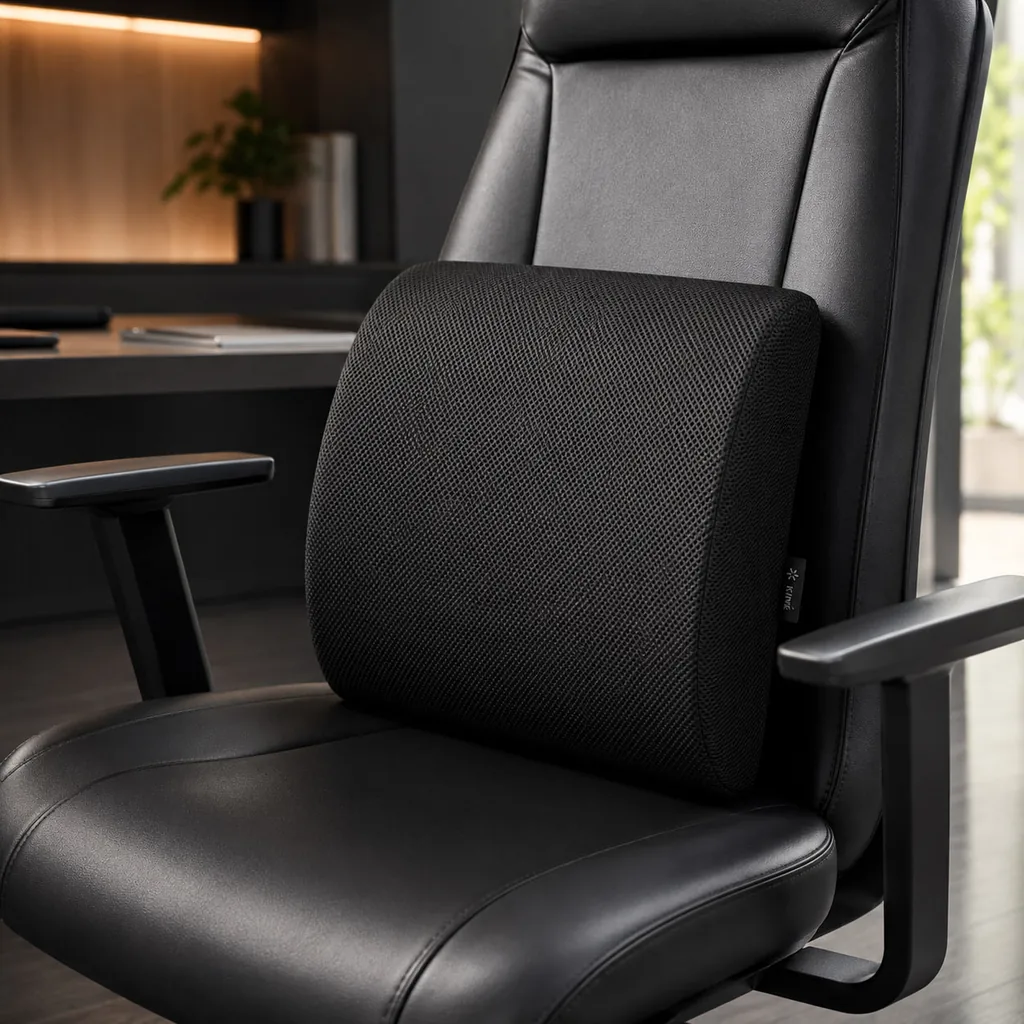 Gros plan du KinéBack posé sur un fauteuil de bureau noir ; la maille et l’étiquette KINÉ sont lisibles.