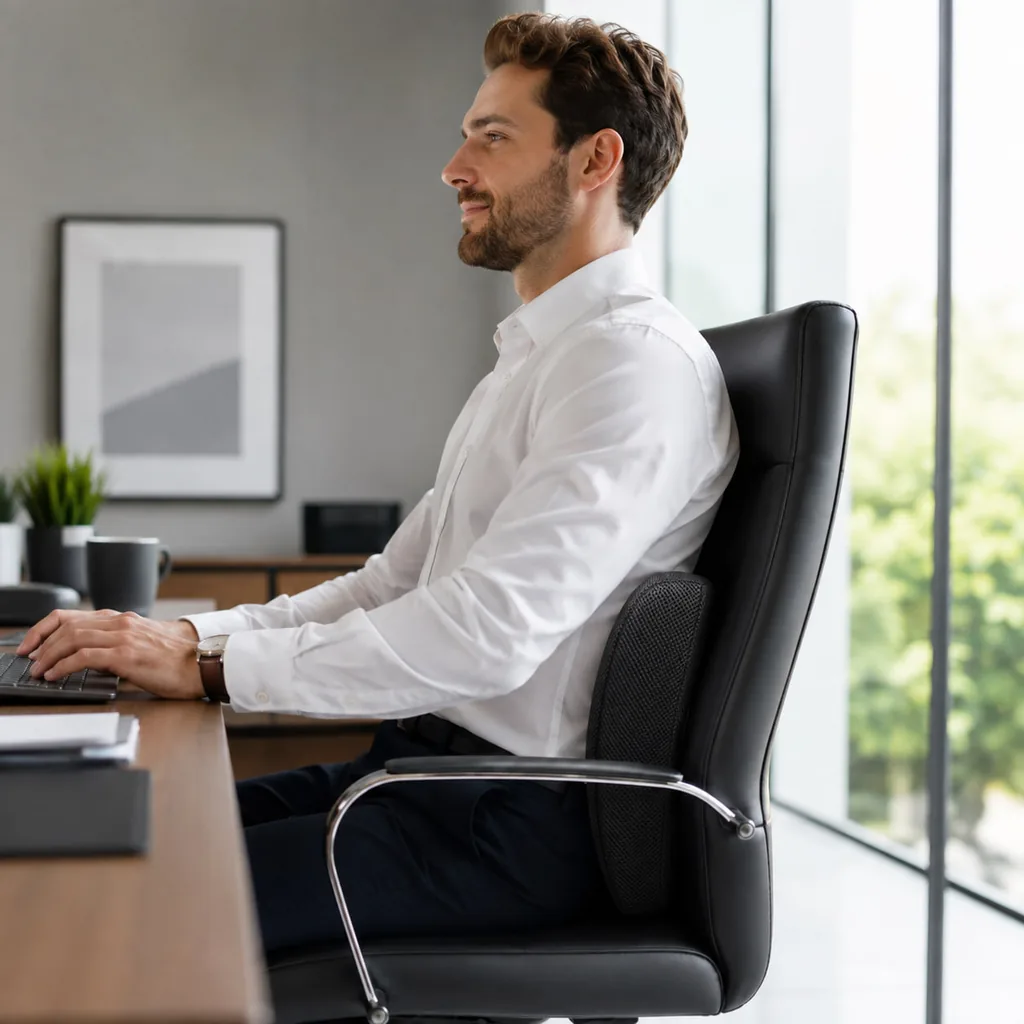 Personne assise à un bureau, le KinéBack posé sur le dossier d’un fauteuil de bureau noir.