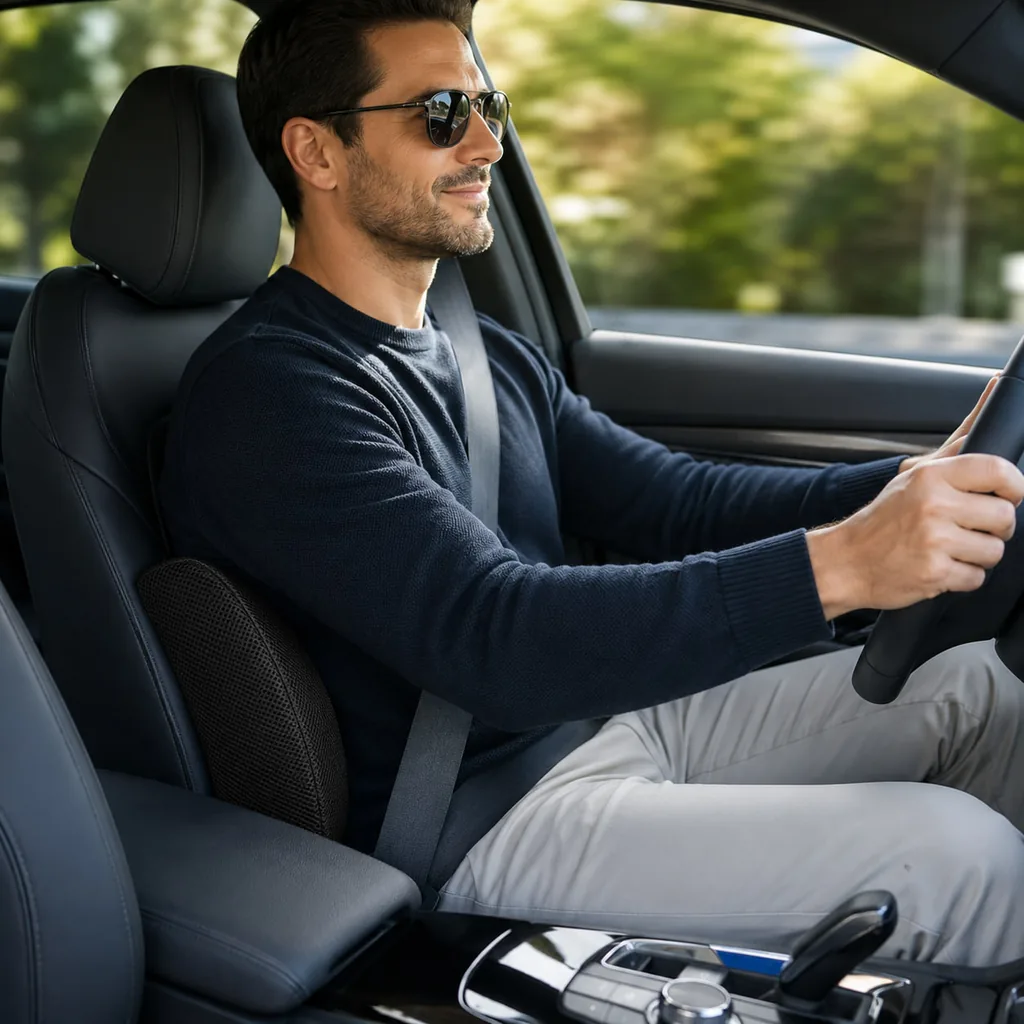 Conducteur au volant, le KinéBack posé sur le dossier du siège conducteur.