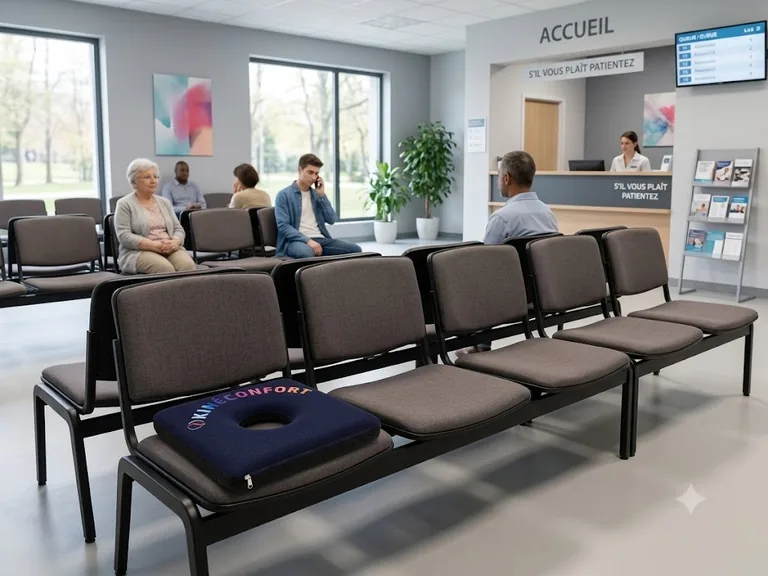 Coussin KinéConfort posé sur la première rangée de sièges dans une salle d attente