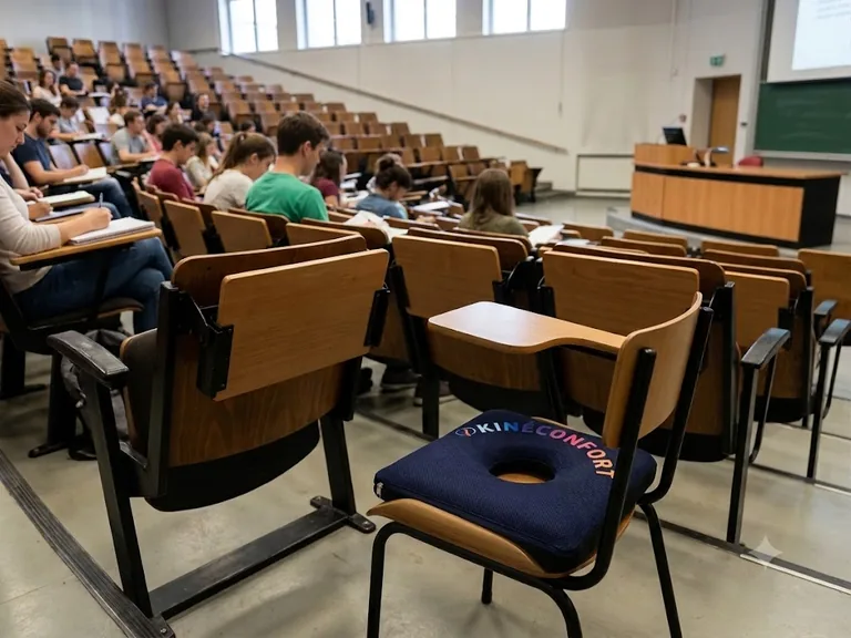 Coussin KinéConfort posé sur un siège d amphithéâtre pendant un cours
