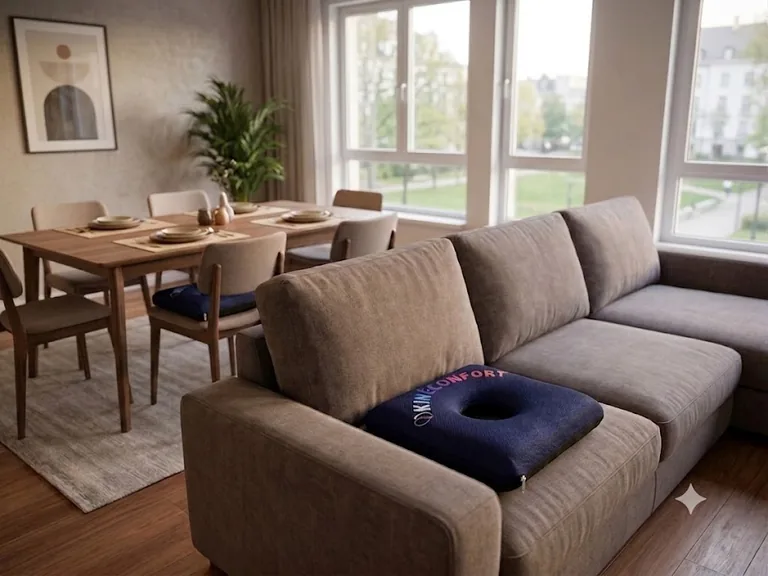 Coussin KinéConfort posé sur un canapé dans un salon lumineux avec la salle à manger en arrière plan