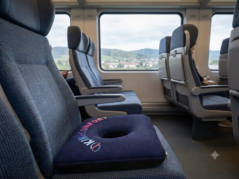 Coussin KinéConfort posé sur un siège de train avec le paysage visible par la fenêtre