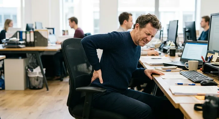 Homme assis à son bureau sur une chaise sans coussin, la main dans le bas du dos