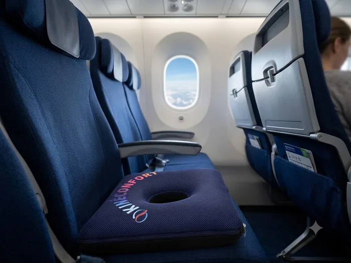 Coussin KinéConfort posé sur un siège de cabine d avion hublot en arrière plan