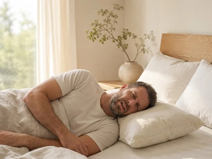 Un dormeur allongé sur le côté, la tête posée sur un oreiller ordinaire écrasé sous son poids, l’épaule pressée contre le bord droit de l’oreiller