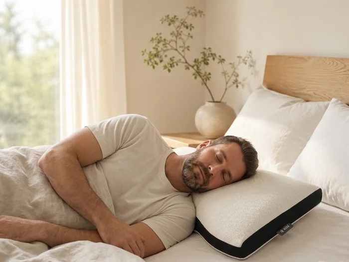 Le même dormeur dans la même chambre, la tête posée sur KinéMoon : la surface ivoire texturée, le contour noir et le passepoil clair suivent la ligne de sa nuque